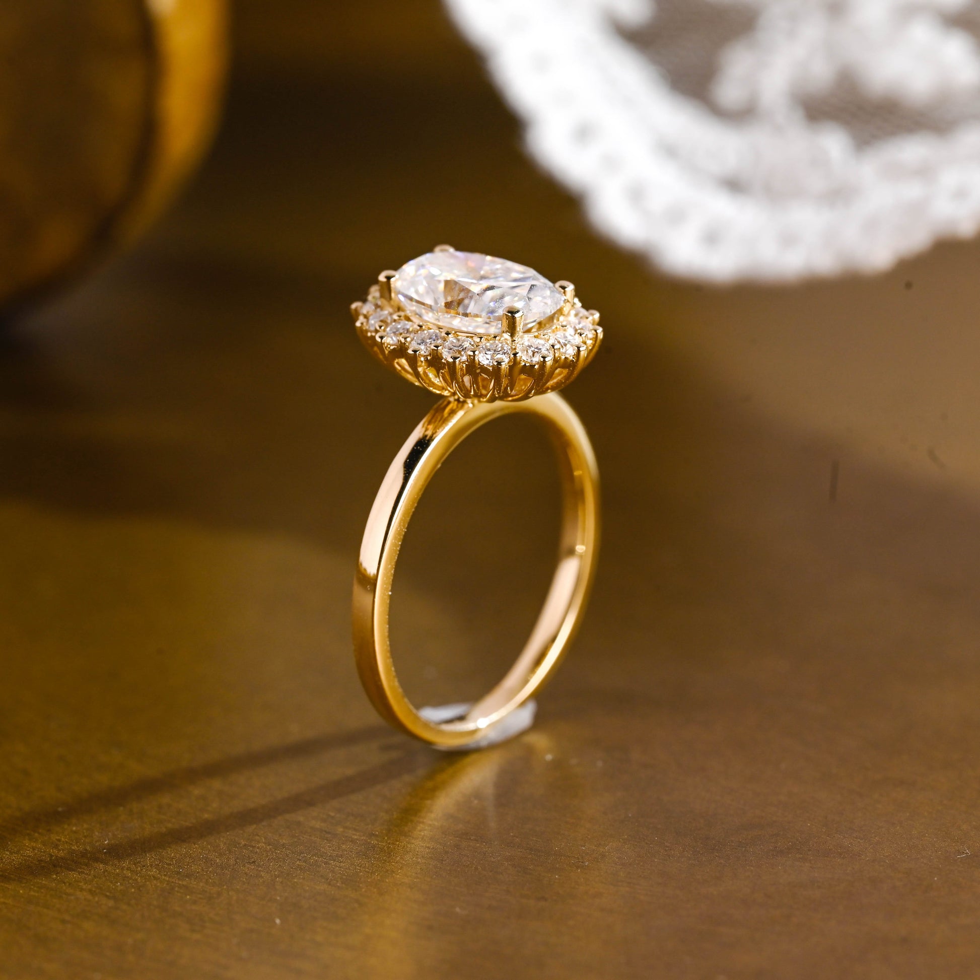 SquareJewelry oval cut moissanite engagement ring Solid Gold Starburst Halo Oval Moissanite Engagement Ring