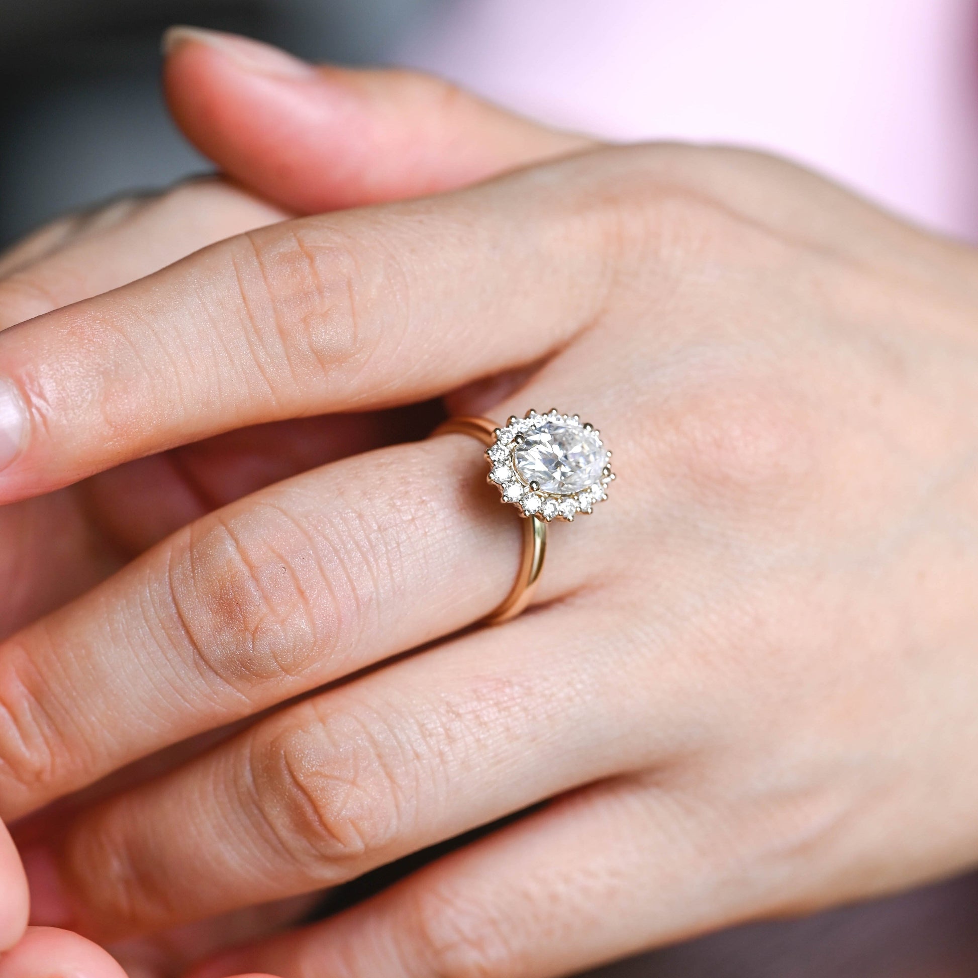 SquareJewelry oval cut moissanite engagement ring Solid Gold Starburst Halo Oval Moissanite Engagement Ring