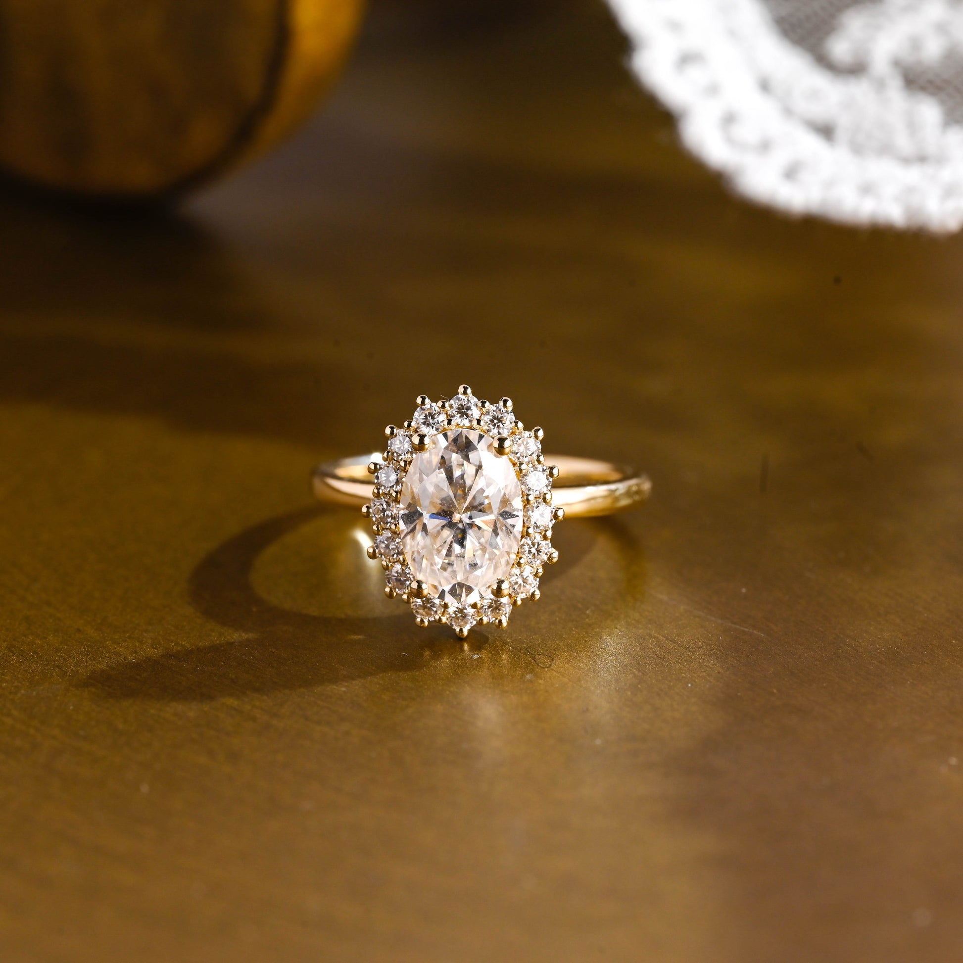 SquareJewelry oval cut moissanite engagement ring Solid Gold Starburst Halo Oval Moissanite Engagement Ring