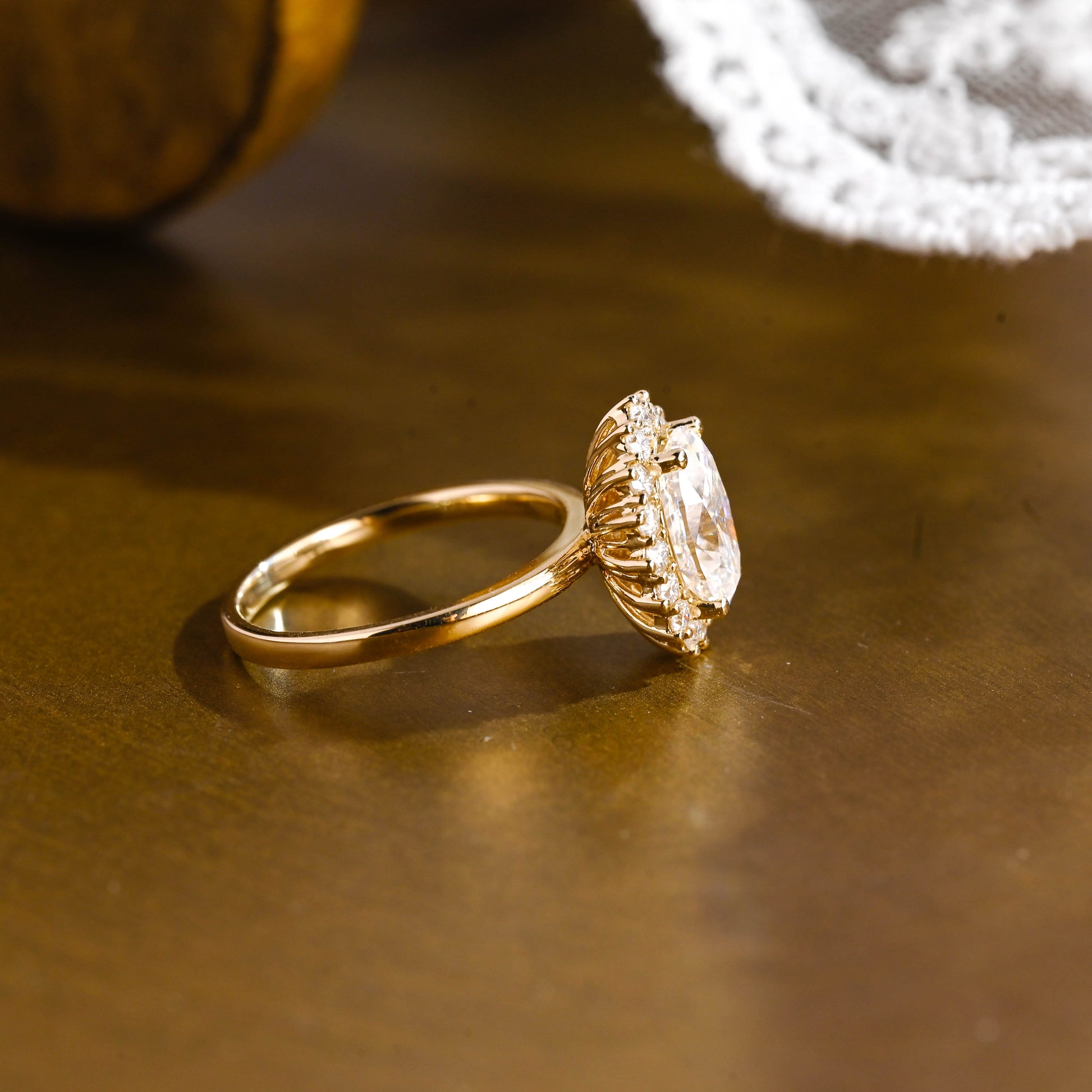 SquareJewelry oval cut moissanite engagement ring Solid Gold Starburst Halo Oval Moissanite Engagement Ring