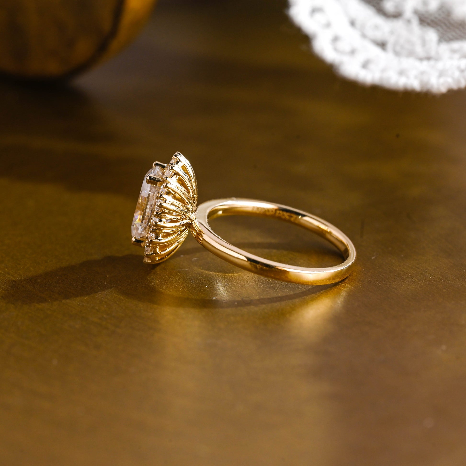 SquareJewelry oval cut moissanite engagement ring Solid Gold Starburst Halo Oval Moissanite Engagement Ring