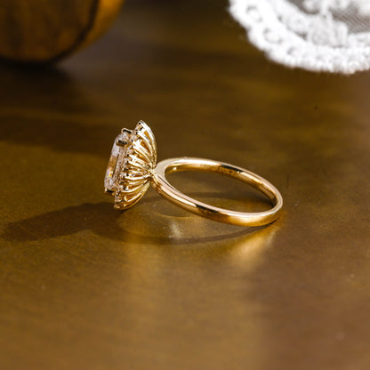 SquareJewelry oval cut moissanite engagement ring Solid Gold Starburst Halo Oval Moissanite Engagement Ring