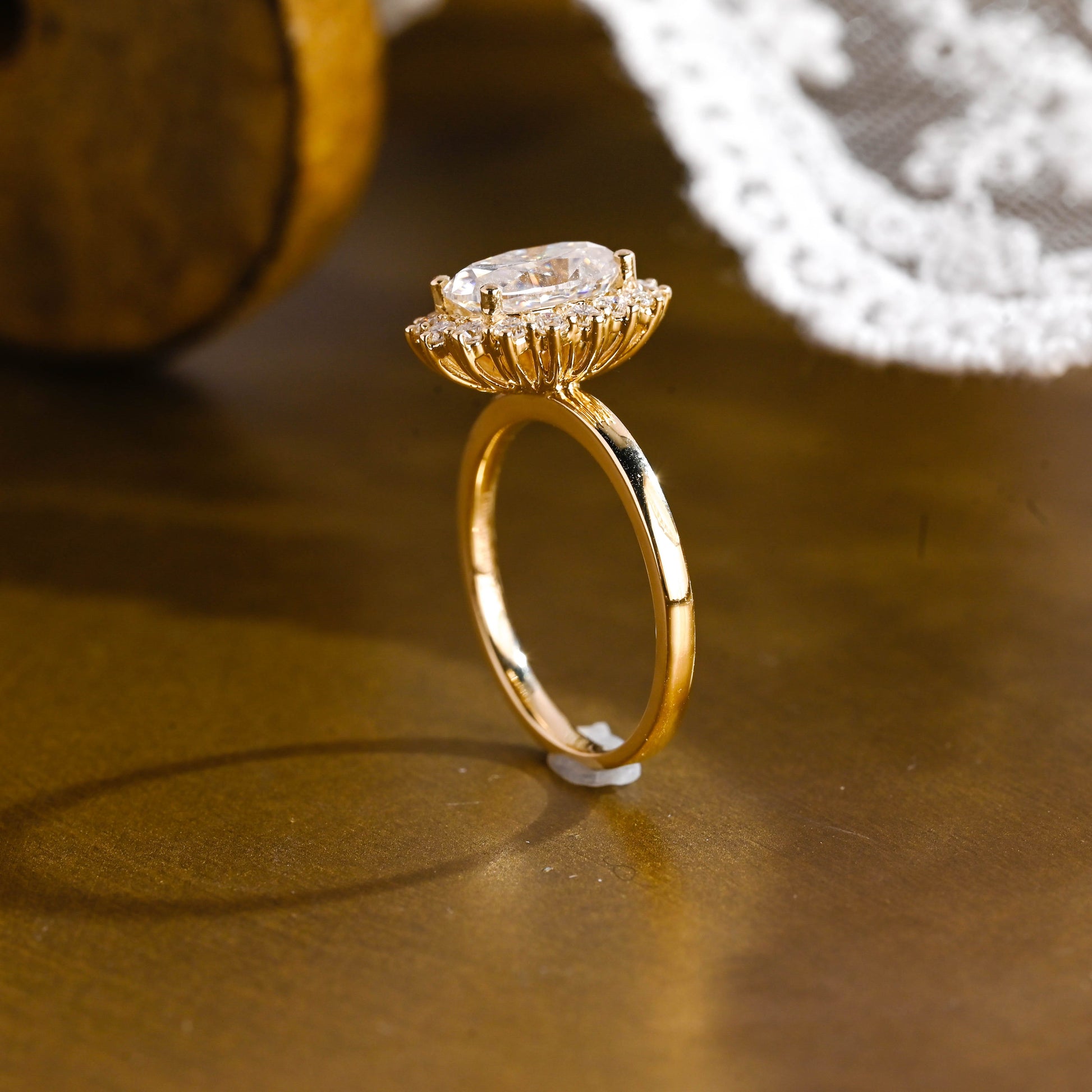 SquareJewelry oval cut moissanite engagement ring Solid Gold Starburst Halo Oval Moissanite Engagement Ring