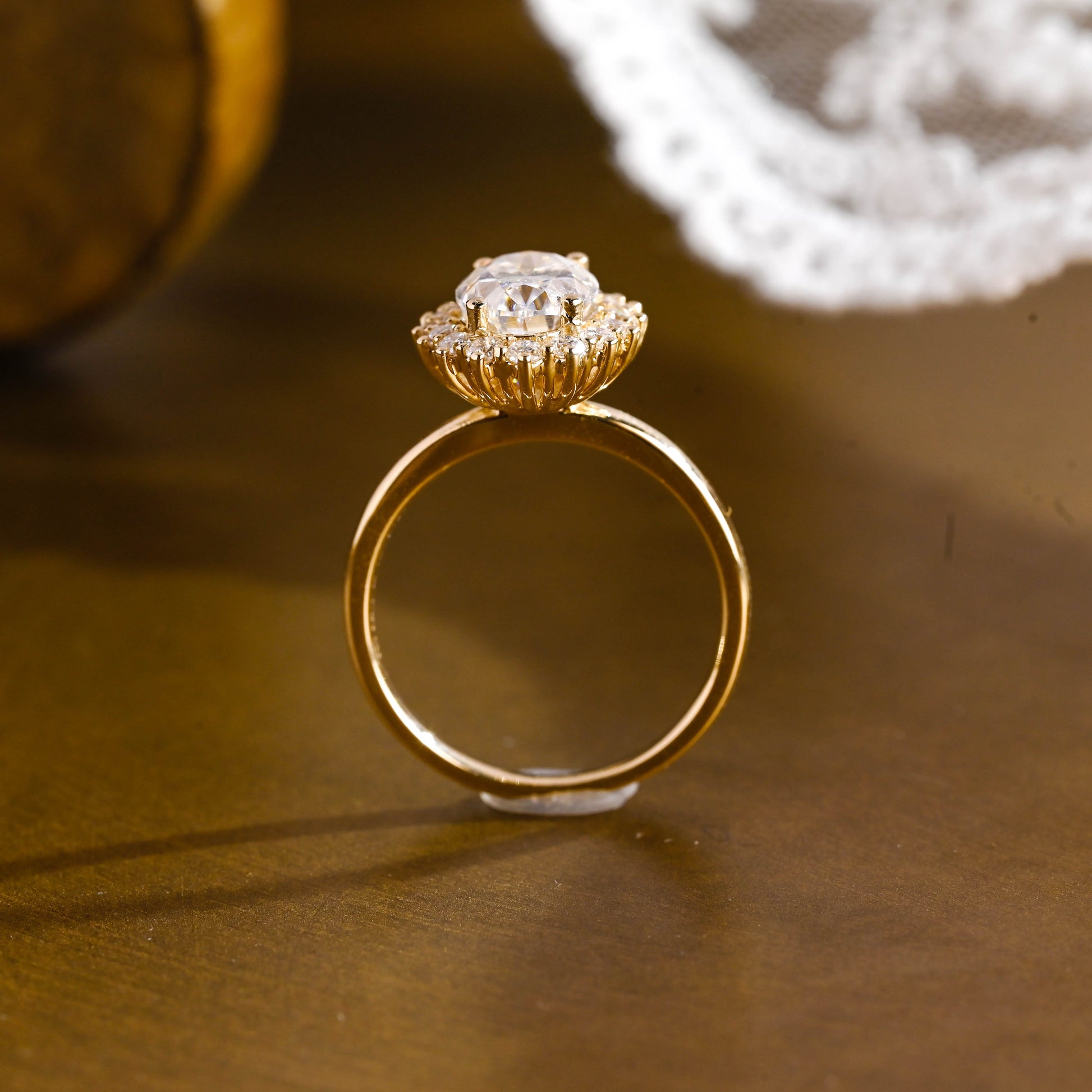 SquareJewelry oval cut moissanite engagement ring Solid Gold Starburst Halo Oval Moissanite Engagement Ring