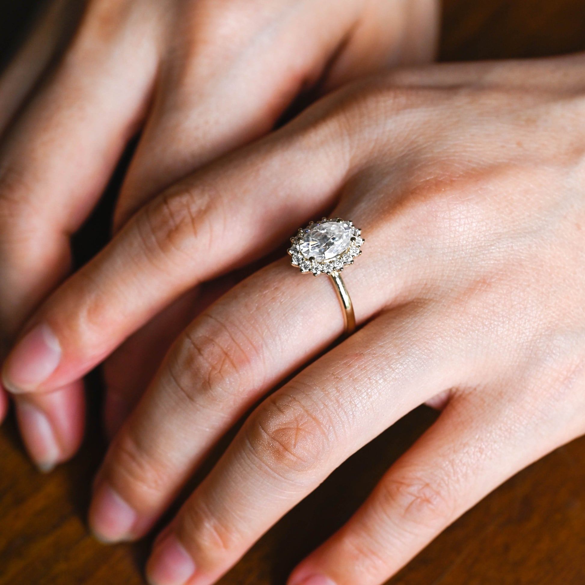 SquareJewelry oval cut moissanite engagement ring Solid Gold Starburst Halo Oval Moissanite Engagement Ring