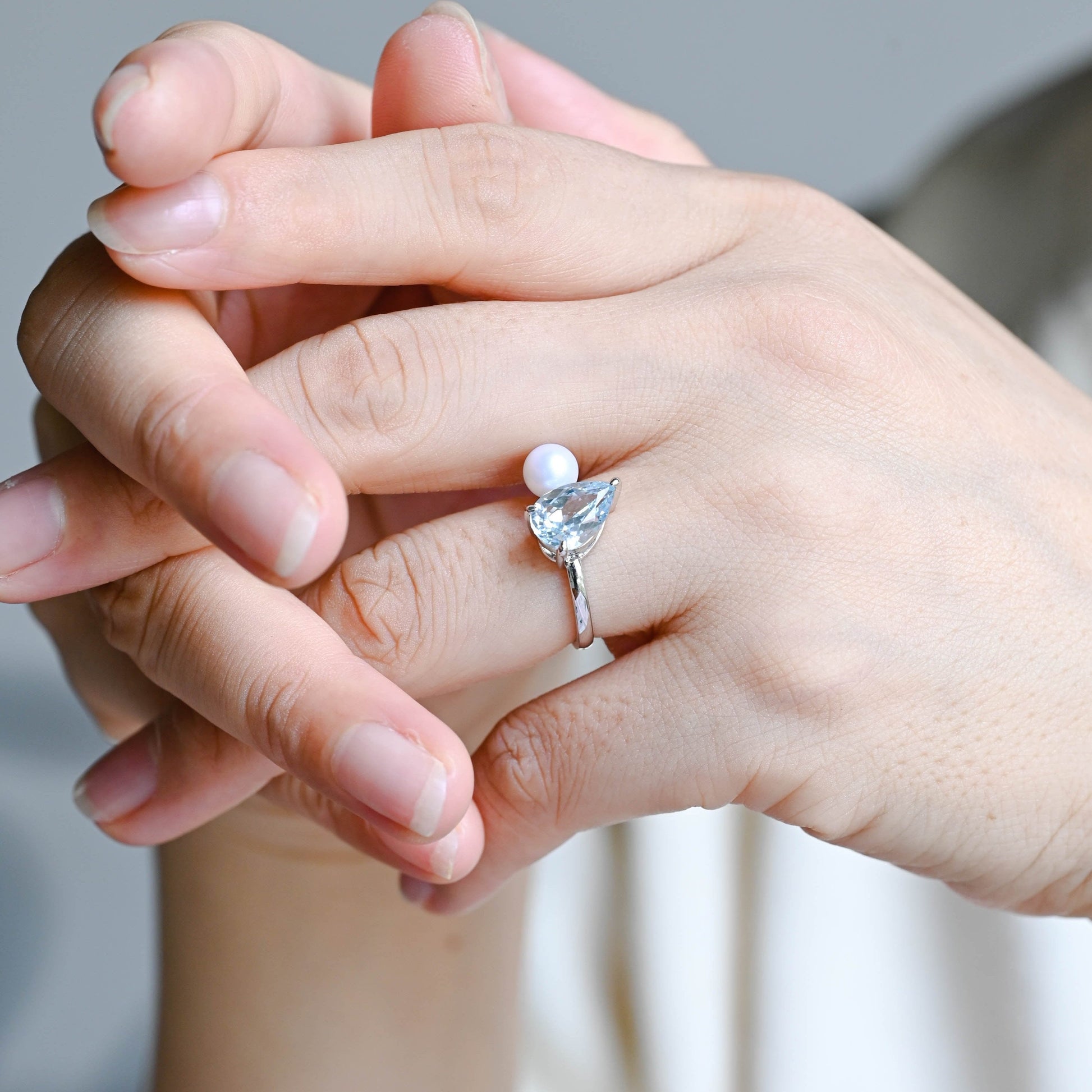 SquareJewelry pear cut aquamarine engagement ring Solid Gold Toi et Moi Lab Grown Pearl & Pear Cut Aquamarine Engagement Ring