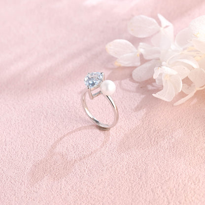 SquareJewelry pear cut aquamarine engagement ring Solid Gold Toi et Moi Lab Grown Pearl & Pear Cut Aquamarine Engagement Ring