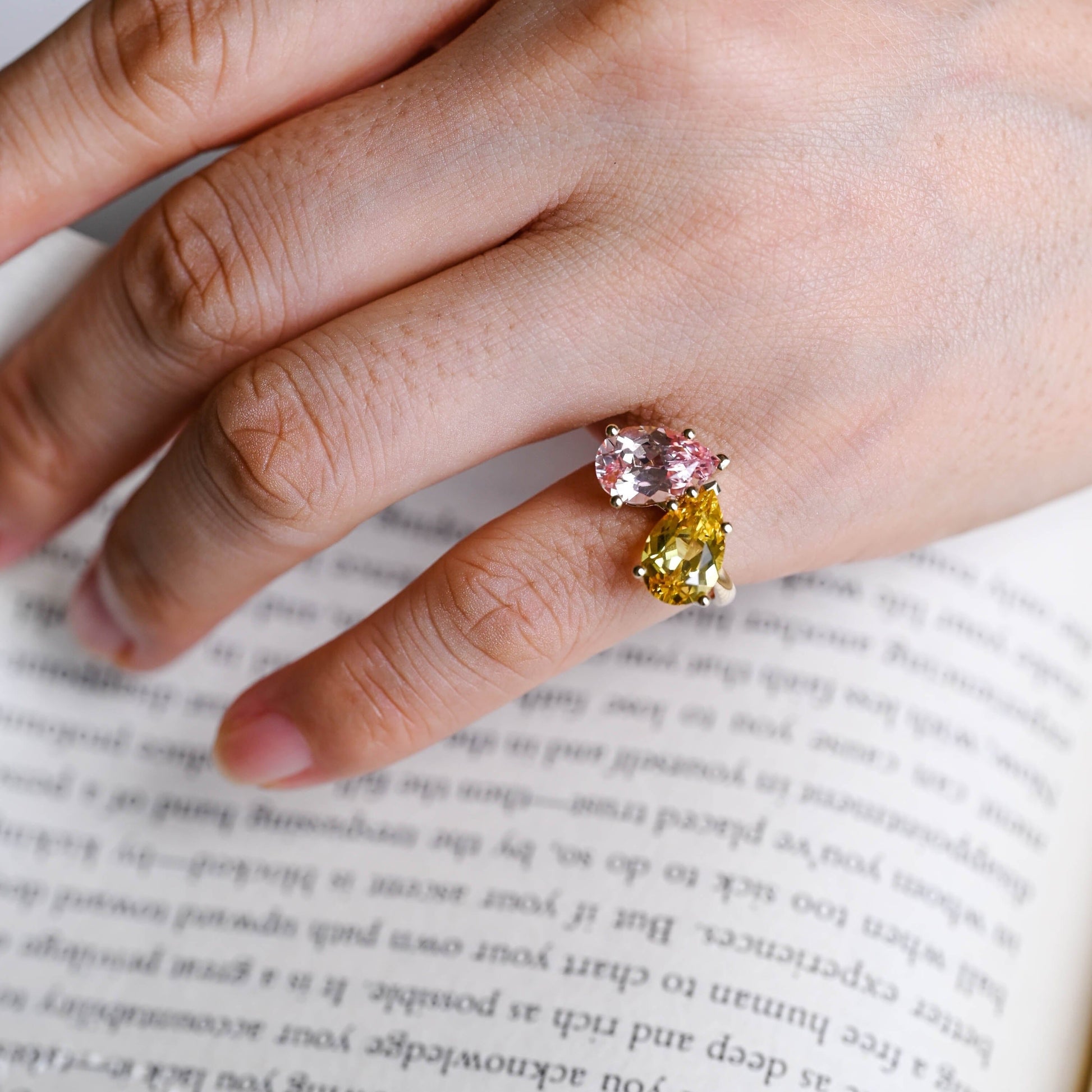 SquareJewelry Pear cut lab grown alexandrite engagement ring Toi et Moi Solid Gold Double Pear Cut Pink Sapphire & Yellow Sapphire Engagement Ring