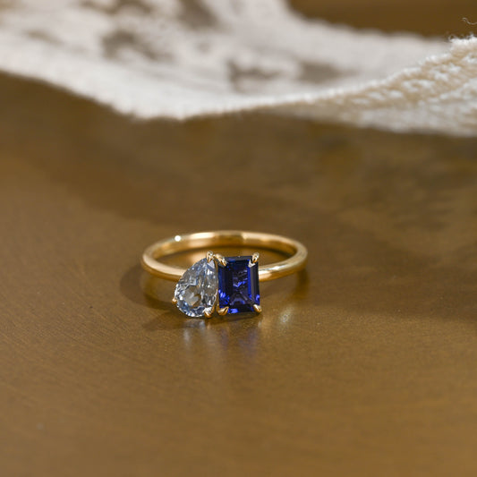 SquareJewelry pear cut lab grown ruby engagement ring Toi et Moi Ring, Solid Gold Emerald Cut Lab Grown Blue Sapphire & Pear Cut Lab Grown Aquamarine Sapphire Engagement Ring