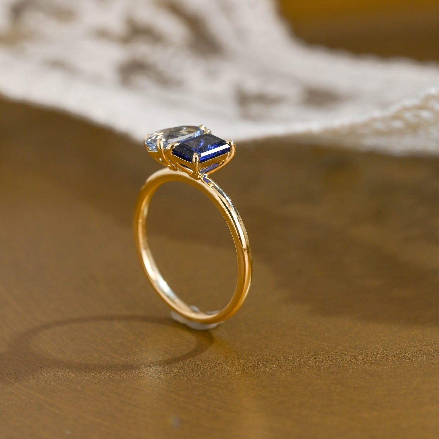 SquareJewelry pear cut lab grown ruby engagement ring Toi et Moi Ring, Solid Gold Emerald Cut Lab Grown Blue Sapphire & Pear Cut Lab Grown Aquamarine Sapphire Engagement Ring
