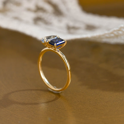 SquareJewelry pear cut lab grown ruby engagement ring Toi et Moi Ring, Solid Gold Emerald Cut Lab Grown Blue Sapphire & Pear Cut Lab Grown Aquamarine Sapphire Engagement Ring
