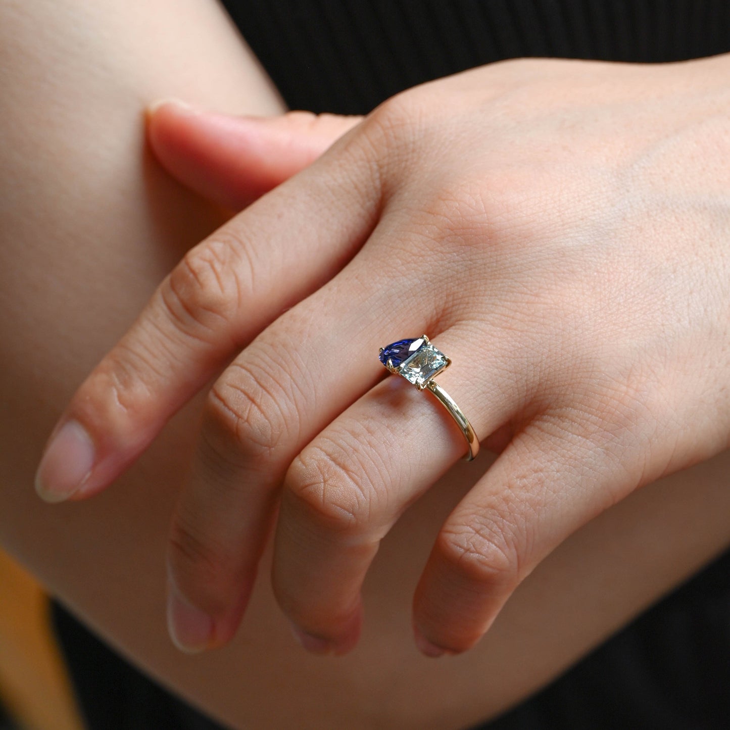 SquareJewelry pear cut lab grown ruby engagement ring Toi et Moi Ring, Solid Gold Emerald Lab Grown Aquamarine Sapphire & Pear Blue Sapphire Engagement Ring