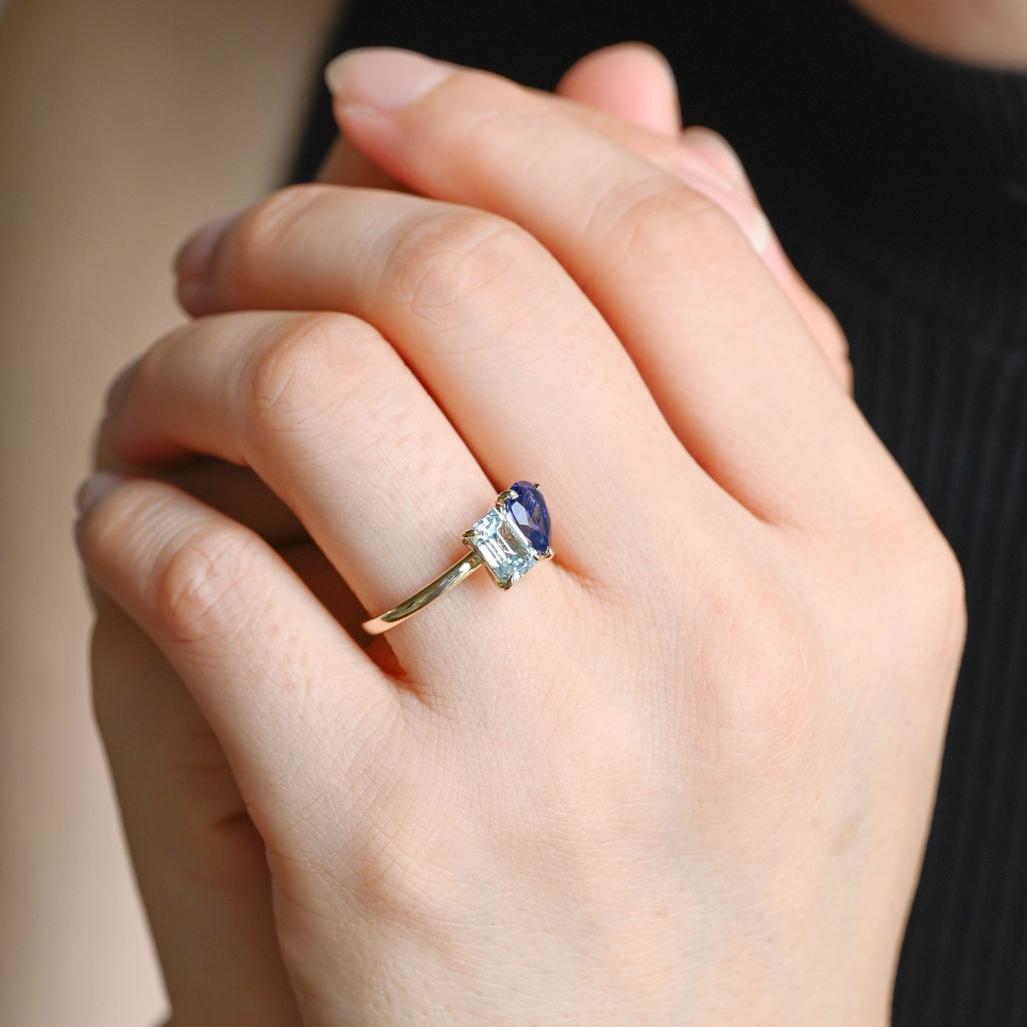 SquareJewelry pear cut lab grown ruby engagement ring Toi et Moi Ring, Solid Gold Emerald Lab Grown Aquamarine Sapphire & Pear Blue Sapphire Engagement Ring