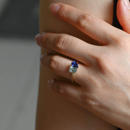 SquareJewelry pear cut lab grown ruby engagement ring Toi et Moi Ring, Solid Gold Emerald Lab Grown Aquamarine Sapphire & Pear Blue Sapphire Engagement Ring