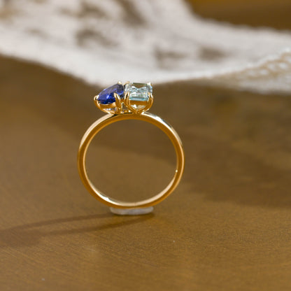 SquareJewelry pear cut lab grown ruby engagement ring Toi et Moi Ring, Solid Gold Emerald Lab Grown Aquamarine Sapphire & Pear Blue Sapphire Engagement Ring