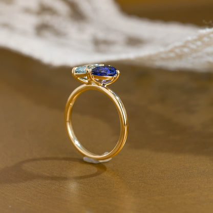 SquareJewelry pear cut lab grown ruby engagement ring Toi et Moi Ring, Solid Gold Emerald Lab Grown Aquamarine Sapphire & Pear Blue Sapphire Engagement Ring