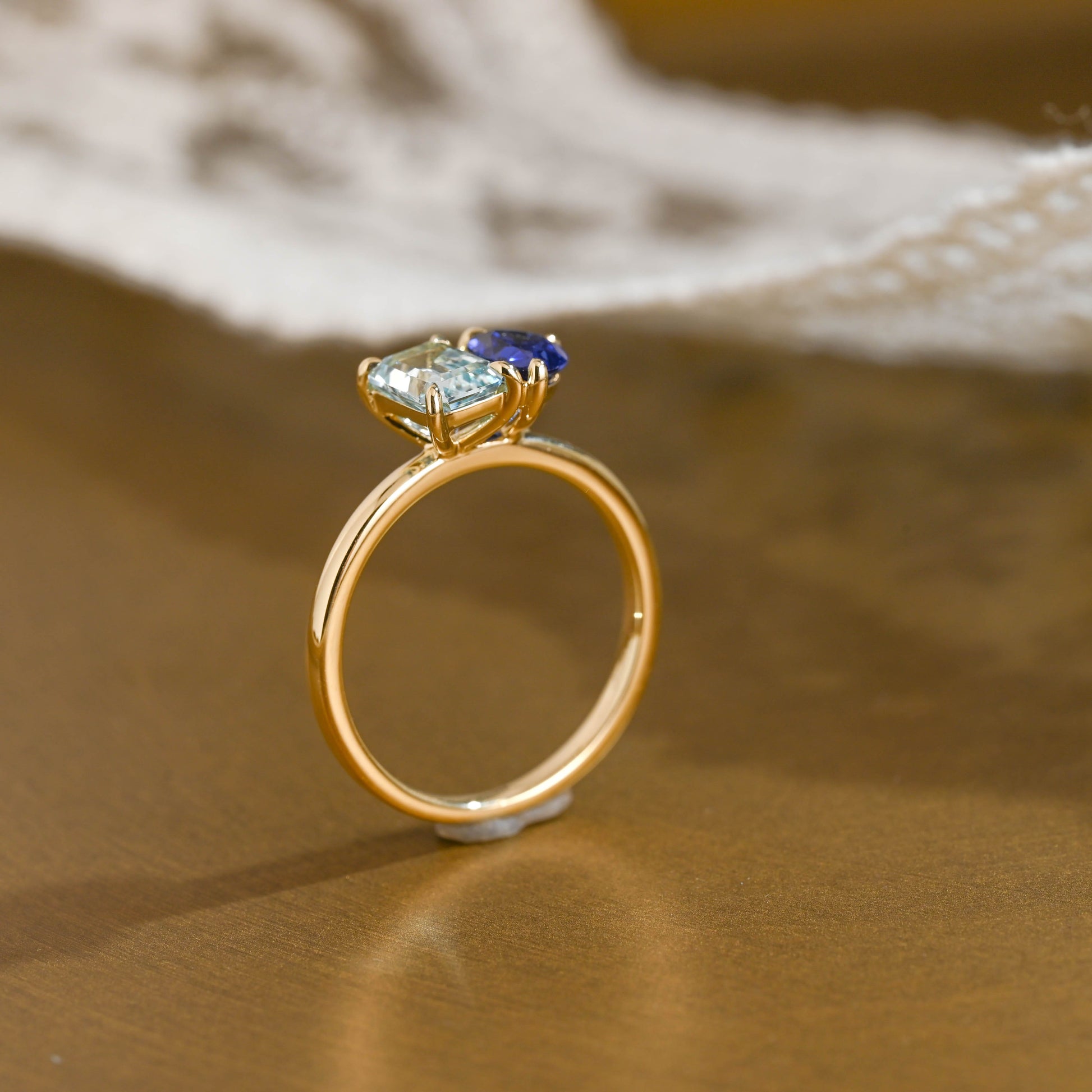 SquareJewelry pear cut lab grown ruby engagement ring Toi et Moi Ring, Solid Gold Emerald Lab Grown Aquamarine Sapphire & Pear Blue Sapphire Engagement Ring