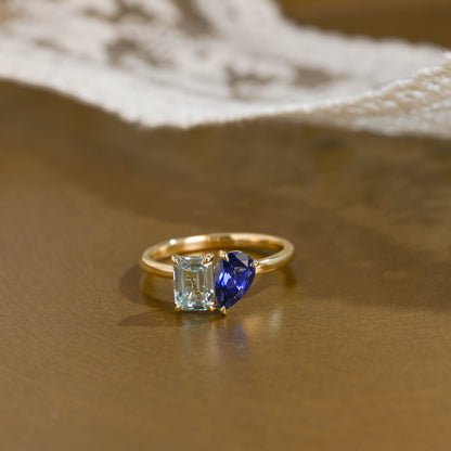 SquareJewelry pear cut lab grown ruby engagement ring Toi et Moi Ring, Solid Gold Emerald Lab Grown Aquamarine Sapphire & Pear Blue Sapphire Engagement Ring