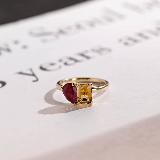 SquareJewelry pear cut lab grown ruby engagement ring Toi et Moi Solid Gold Pear Cut Lab Ruby & Emerald Cut Citrine Engagement Ring