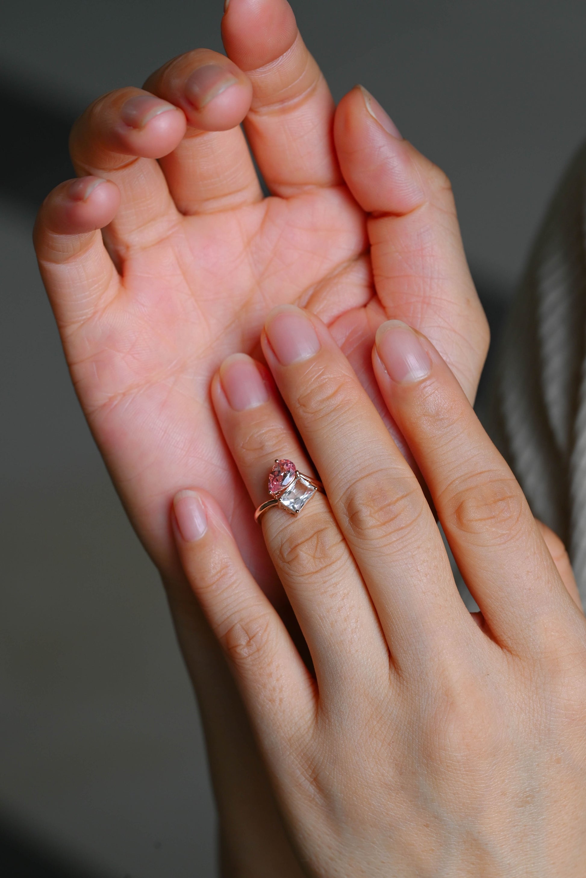 SquareJewelry pear cut sapphire engagement ring Toi et Moi Ring, Solid Gold Emerald Cut White Topaz & Pear Cut Pink Lab Grown Sapphire Engagement Ring