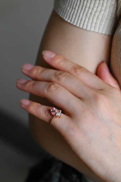 SquareJewelry pear cut sapphire engagement ring Toi et Moi Ring, Solid Gold Emerald Cut White Topaz & Pear Cut Pink Lab Grown Sapphire Engagement Ring