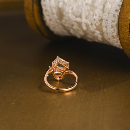 SquareJewelry pear cut sapphire engagement ring Toi et Moi Ring, Solid Gold Emerald Cut White Topaz & Pear Cut Pink Lab Grown Sapphire Engagement Ring