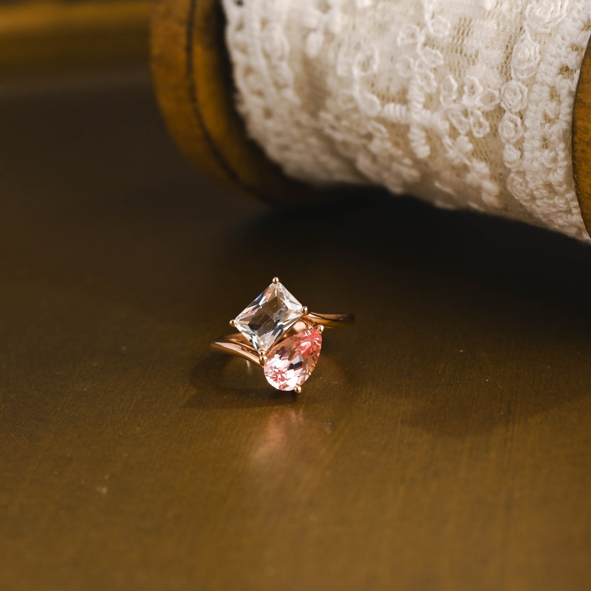 SquareJewelry pear cut sapphire engagement ring Toi et Moi Ring, Solid Gold Emerald Cut White Topaz & Pear Cut Pink Lab Grown Sapphire Engagement Ring