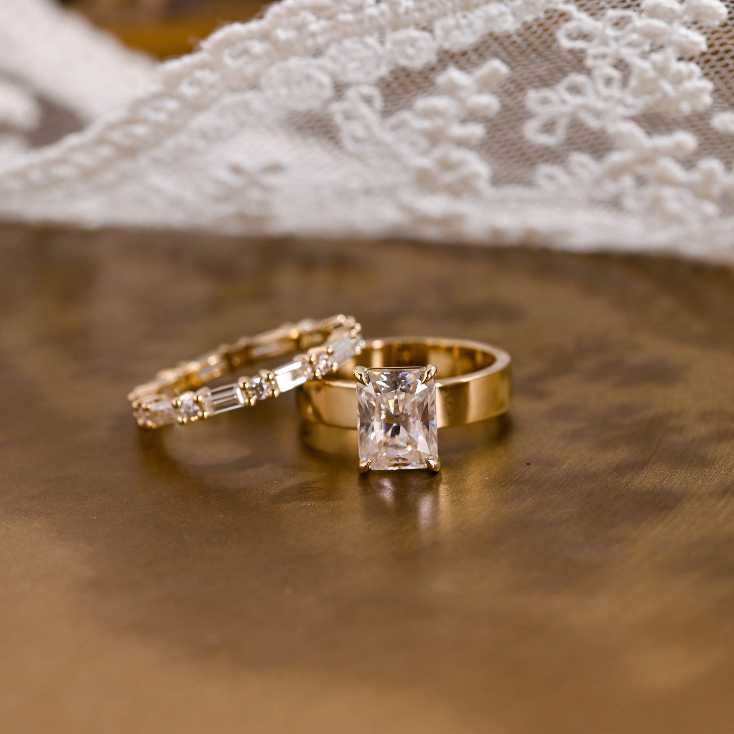 SquareJewelry Radiant Cut Bridal Set Solid Gold 4mm Wide Band Radiant Cut Moissanite Wedding Ring Set