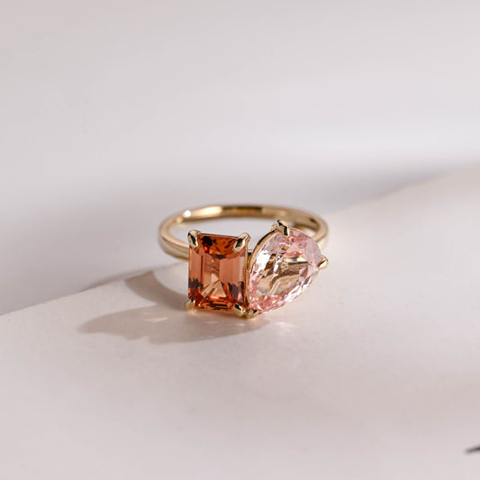 SquareJewelry radiant cut lab grown sapphire engagement ring Solid Gold Toi et Moi Emerald Cut Orange Sapphire & Pear Cut Pink Sapphire Engagement Ring