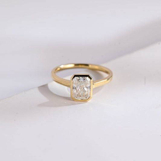 SquareJewelry radiant cut moissanite engagement ring Solid Gold Bezel Solitaire Radiant Cut Moissanite Engagement Ring