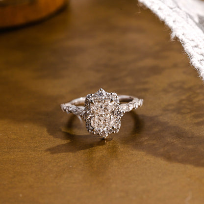 SquareJewelry radiant cut moissanite engagement ring Solid Gold Halo Ice Crushed Radiant Moissanite Engagement Ring