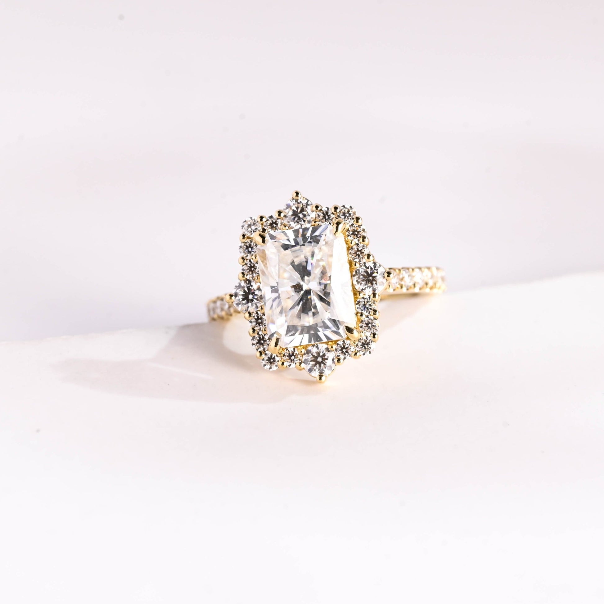 SquareJewelry radiant cut moissanite engagement ring Solid Gold Halo Pave Radiant Moissanite Engagement Ring