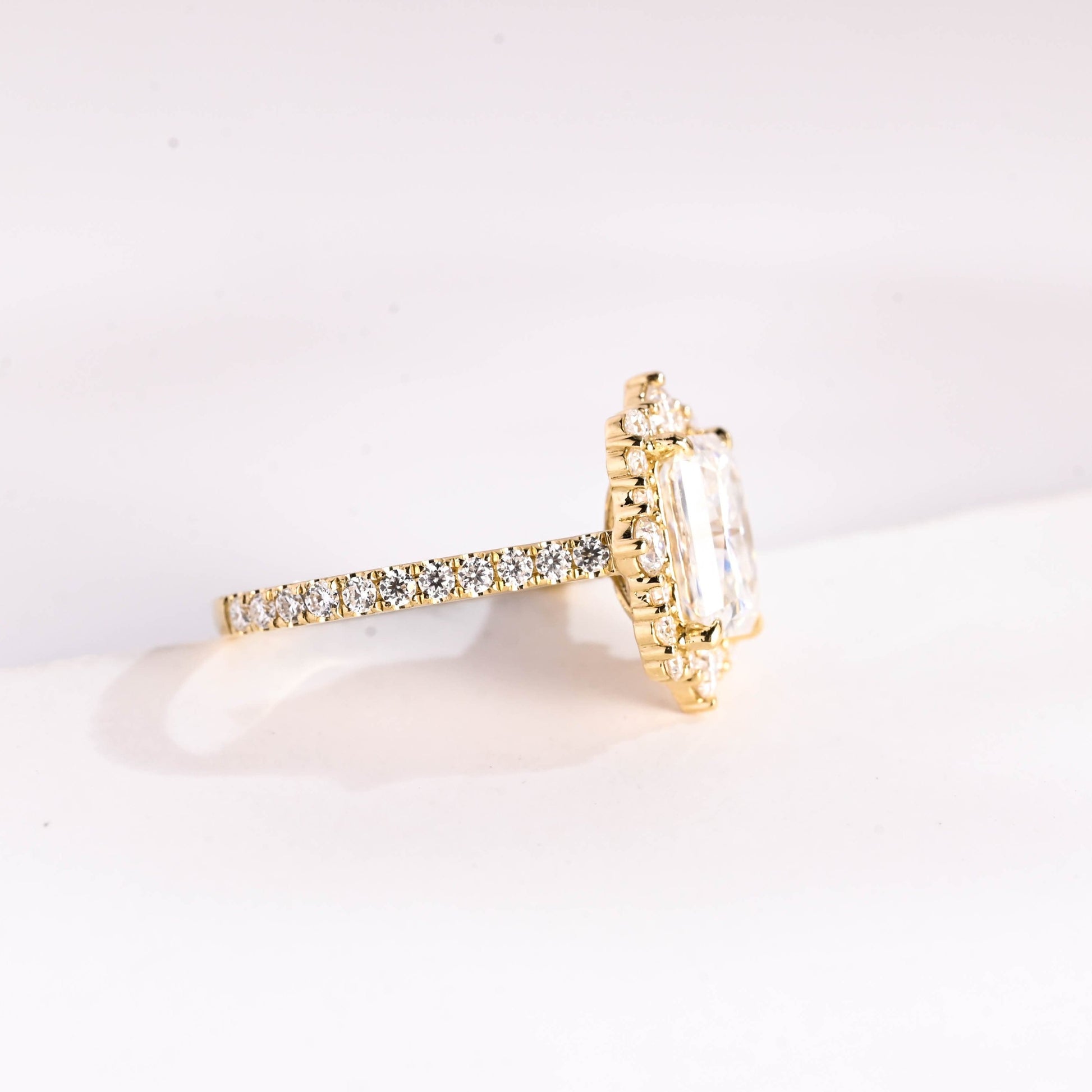 SquareJewelry radiant cut moissanite engagement ring Solid Gold Halo Pave Radiant Moissanite Engagement Ring