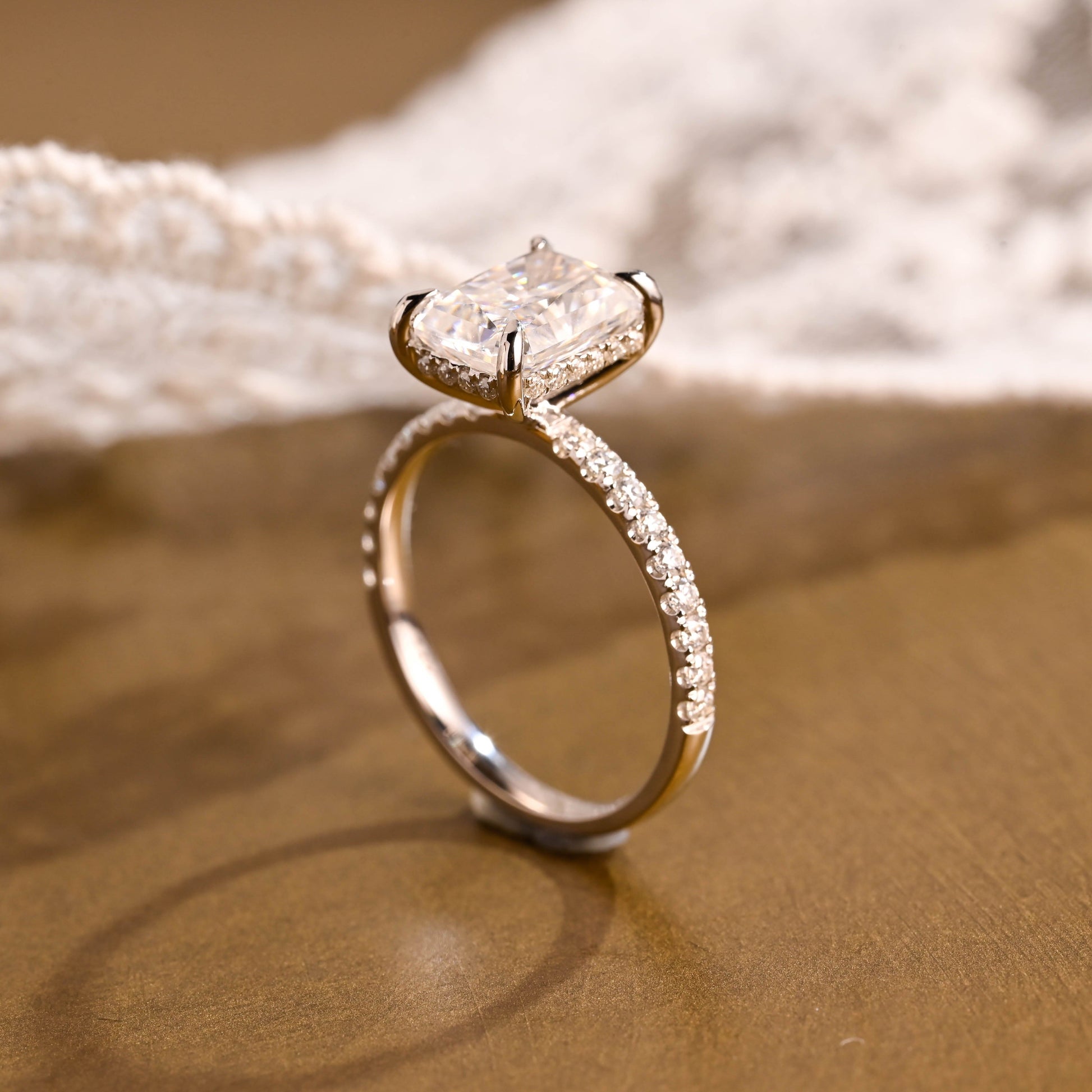 Solid Gold Hidden Halo Pave Radiant Cut Moissanite Engagement Ring