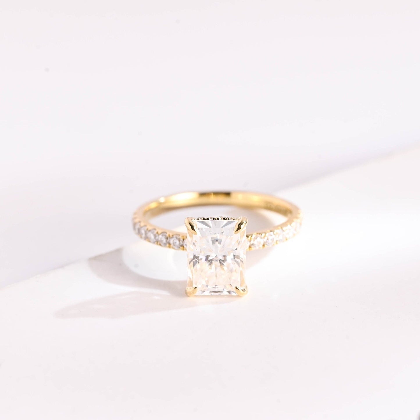 SquareJewelry radiant cut moissanite engagement ring Solid Gold Hidden Halo Pave Radiant Cut Moissanite Engagement Ring