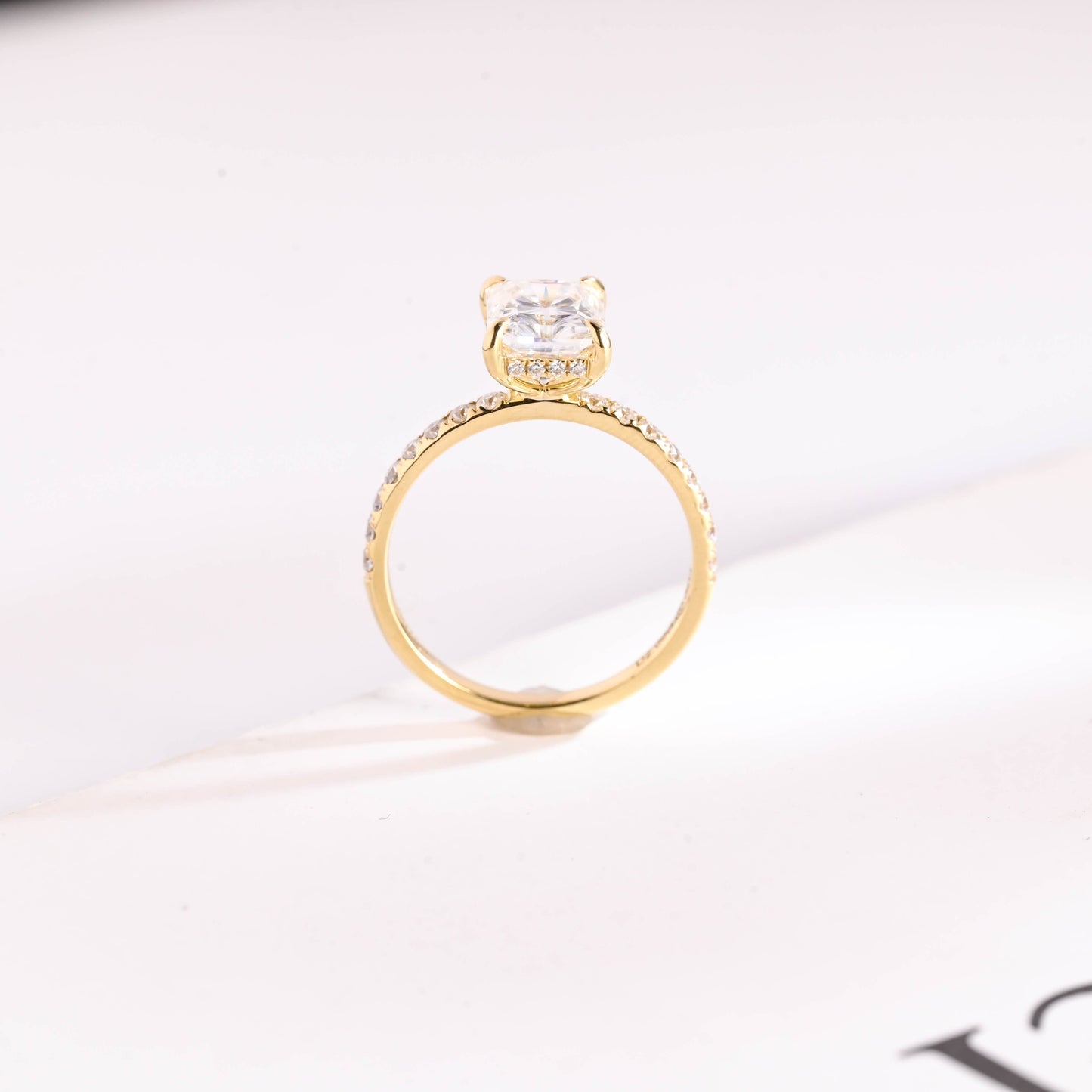 SquareJewelry radiant cut moissanite engagement ring Solid Gold Hidden Halo Pave Radiant Cut Moissanite Engagement Ring