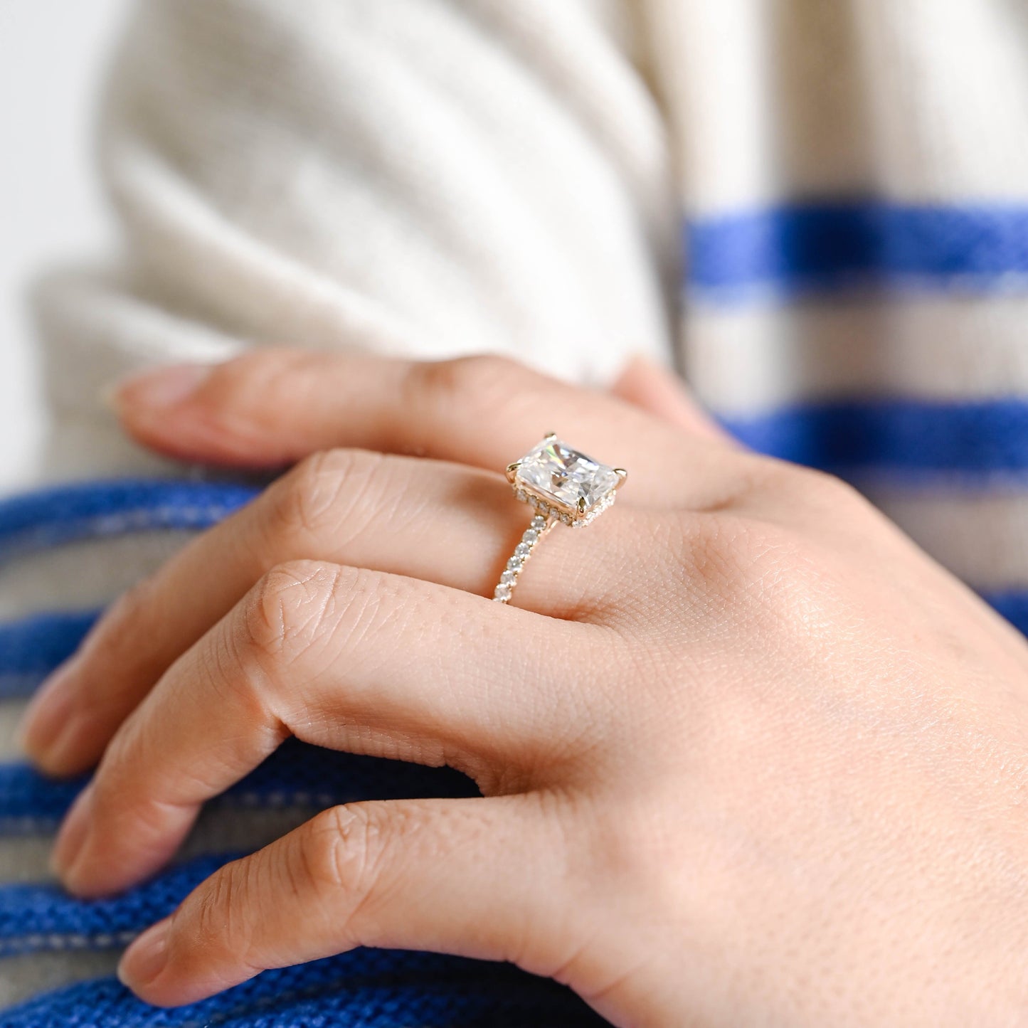 SquareJewelry radiant cut moissanite engagement ring Solid Gold Hidden Halo Radiant Cut Moissanite Engagement Ring