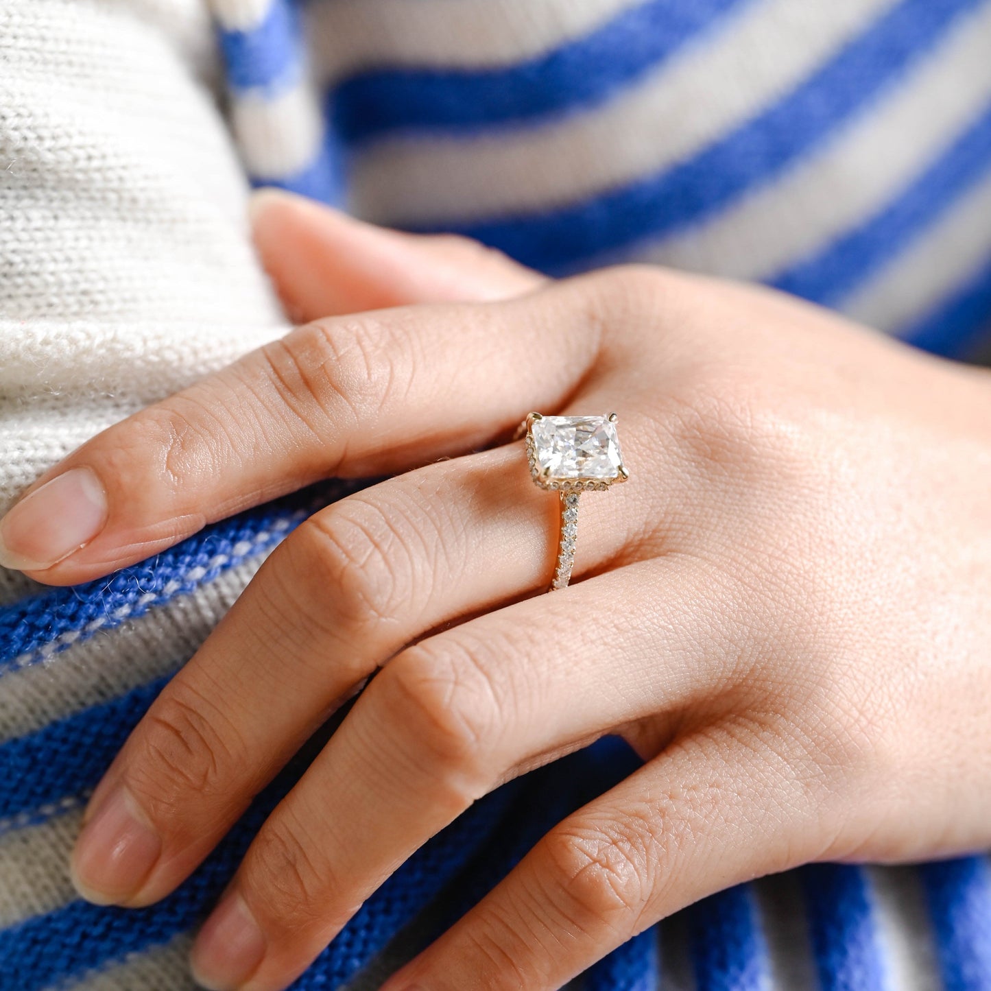 SquareJewelry radiant cut moissanite engagement ring Solid Gold Hidden Halo Radiant Cut Moissanite Engagement Ring