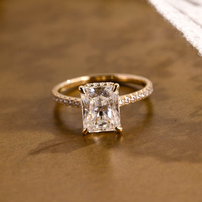 SquareJewelry radiant cut moissanite engagement ring Solid Gold Hidden Halo Radiant Cut Moissanite Engagement Ring