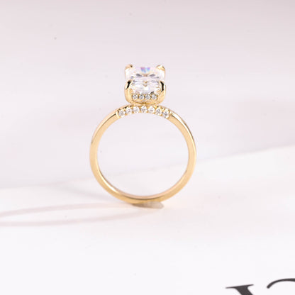 SquareJewelry radiant cut moissanite engagement ring Solid Gold Pavé Bridge Hidden Halo Radiant Cut Moissanite Engagement Ring