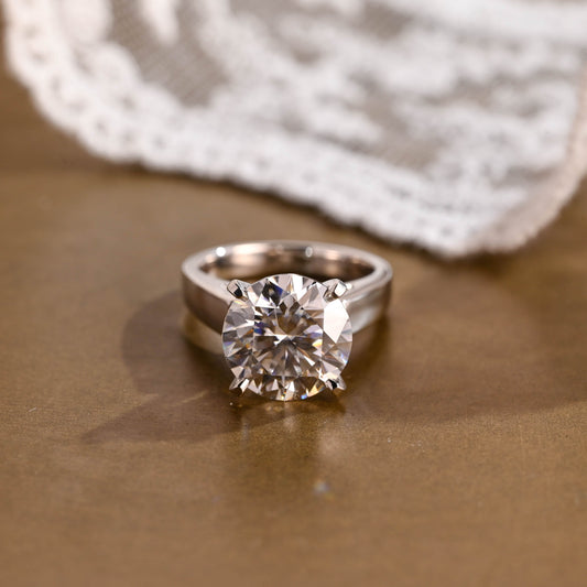 SquareJewelry round cut moissanite engagement ring Solid Gold Thick High Set Solitaire Round Cut Moissanite Engagement Ring