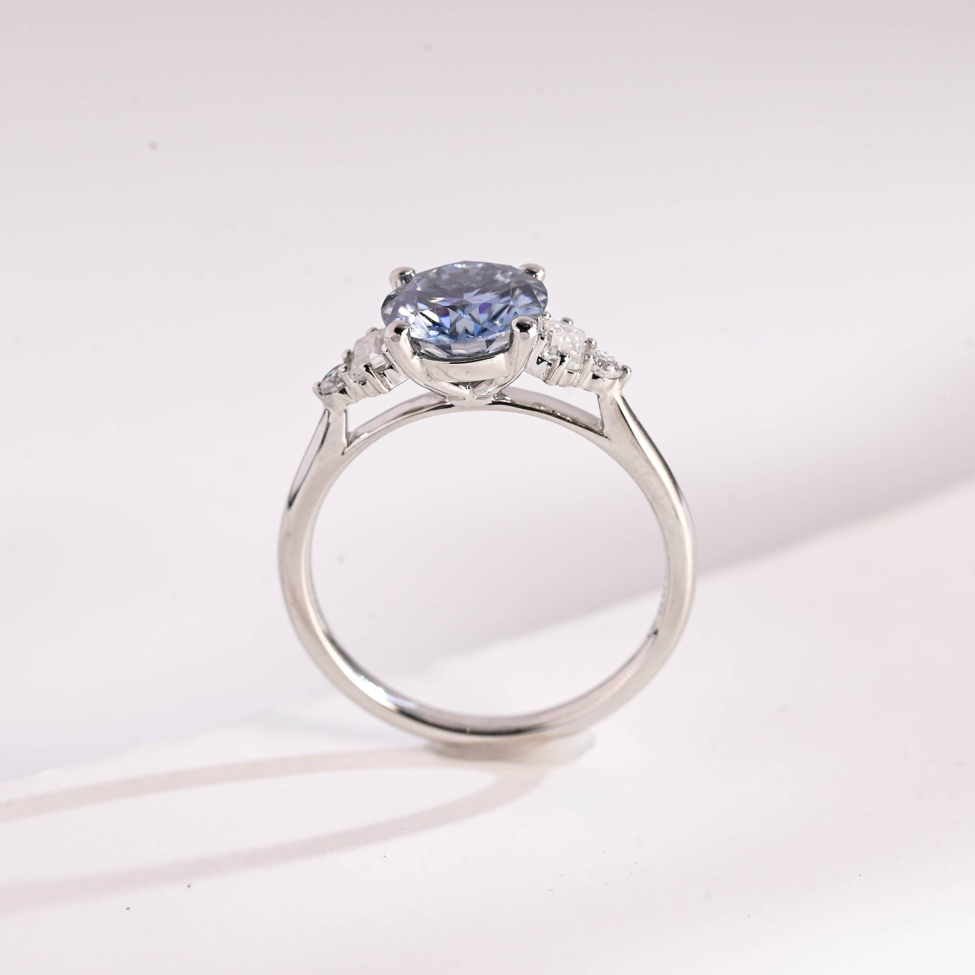 SquareJewelry round cut moissanite engagement ring Solid Gold Three Stone Blue Round Cut Moissanite Engagement Ring