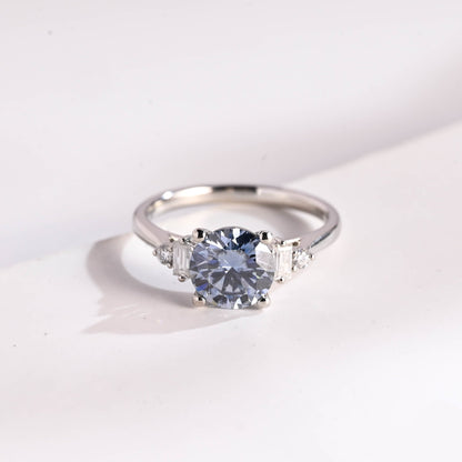 SquareJewelry round cut moissanite engagement ring Solid Gold Three Stone Blue Round Cut Moissanite Engagement Ring