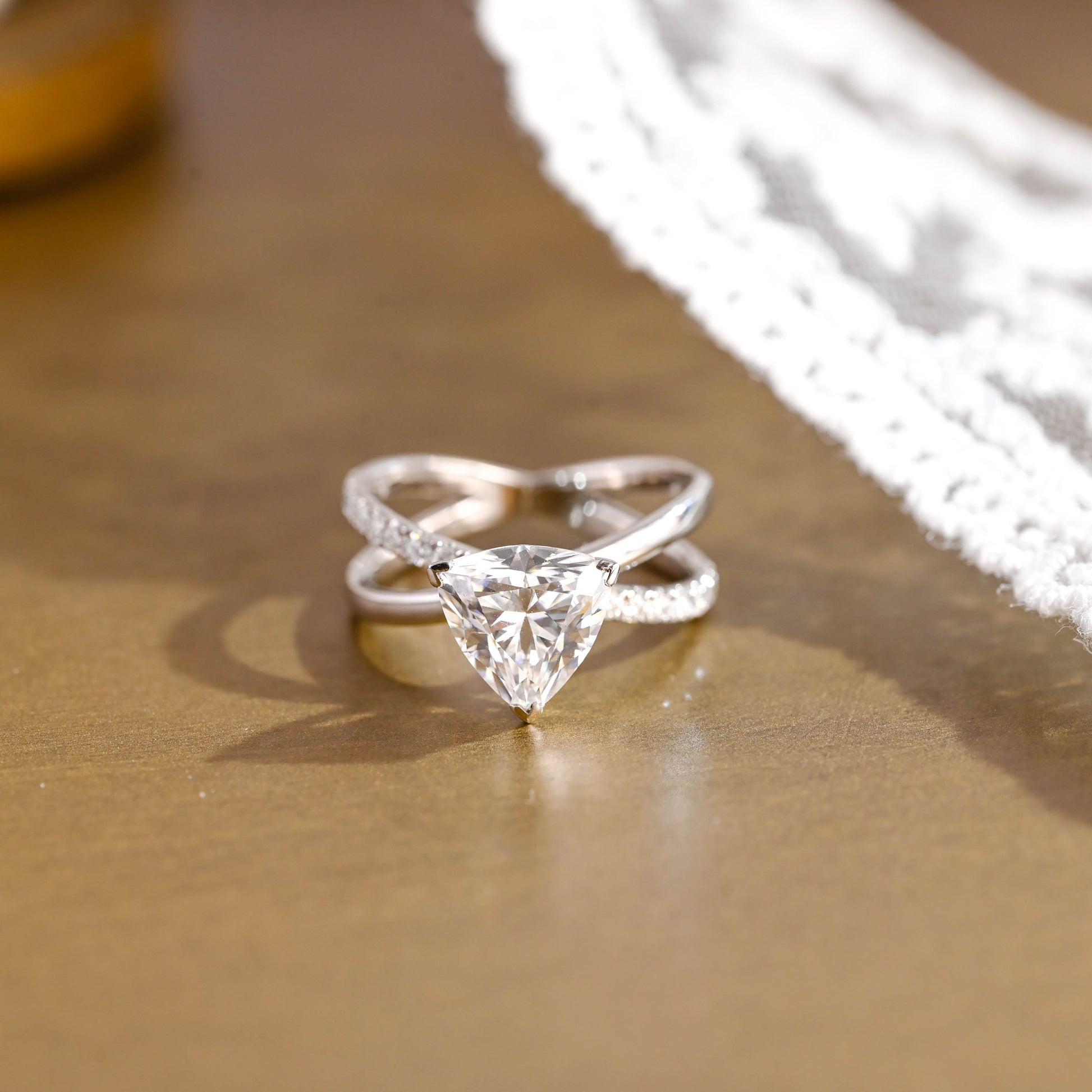 SquareJewelry trillion cut moissanite engagement ring Solid Gold Split Shank Trillion Cut Moissanite Engagement Ring