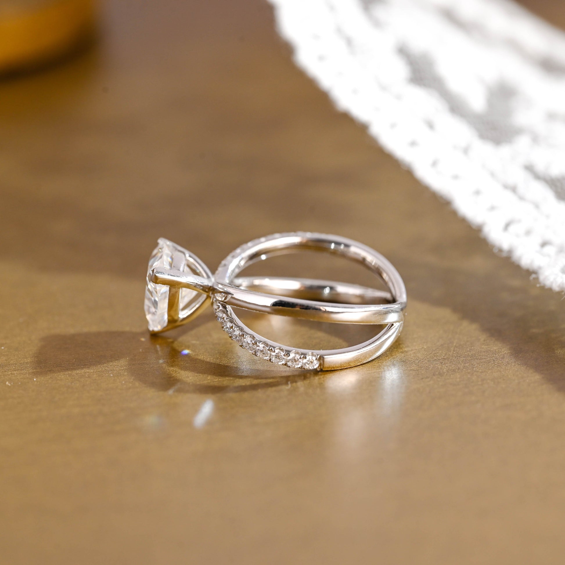 SquareJewelry trillion cut moissanite engagement ring Solid Gold Split Shank Trillion Cut Moissanite Engagement Ring