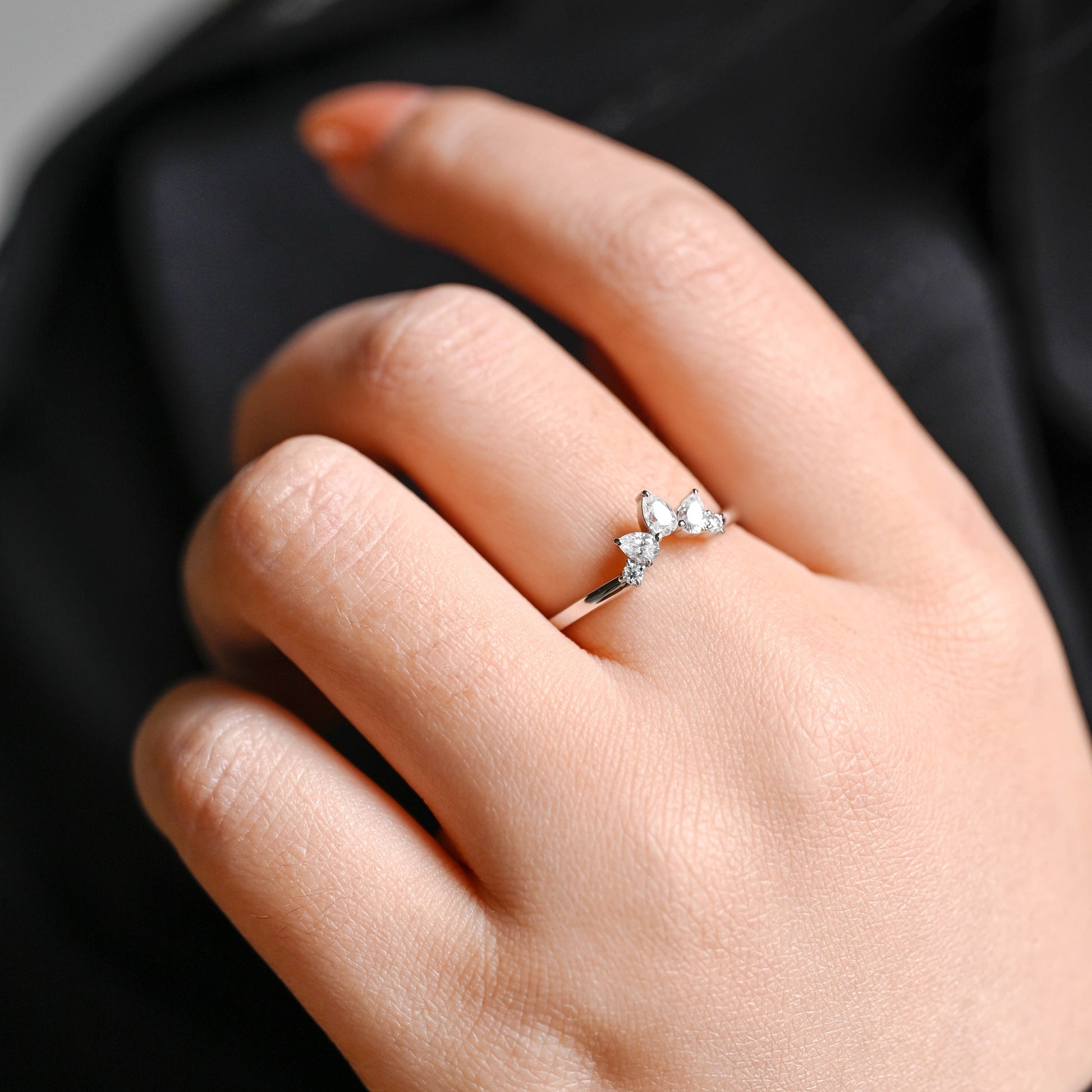 SquareJewelry women's wedding ring Solid Gold Dainty Pear Cut Curved Moissanite Wedding Band