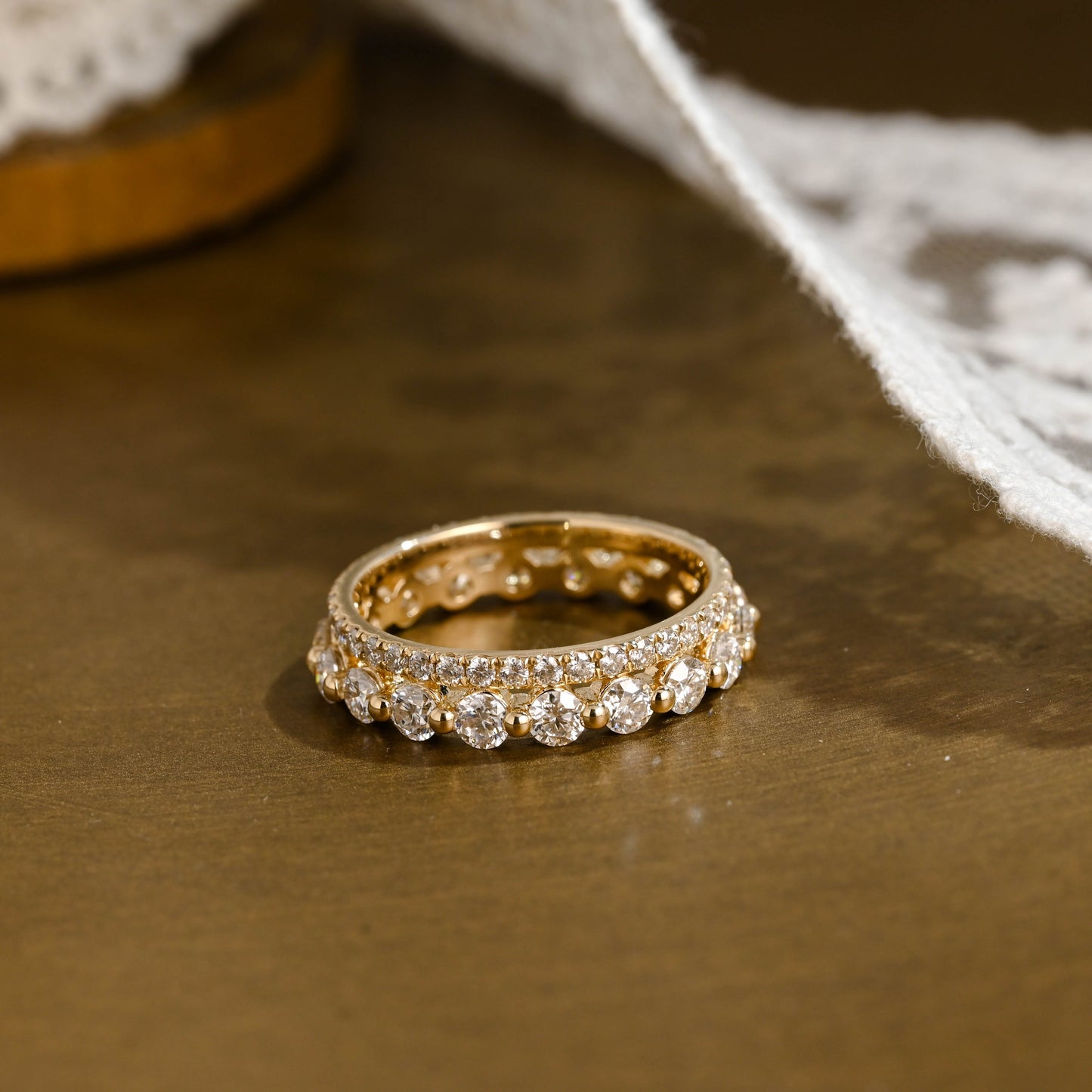 SquareJewelry women's wedding ring Solid Gold Double Row Round Moissanite Wedding Band