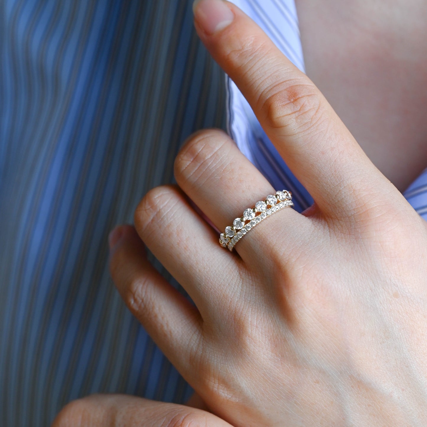 SquareJewelry women's wedding ring Solid Gold Double Row Round Moissanite Wedding Band