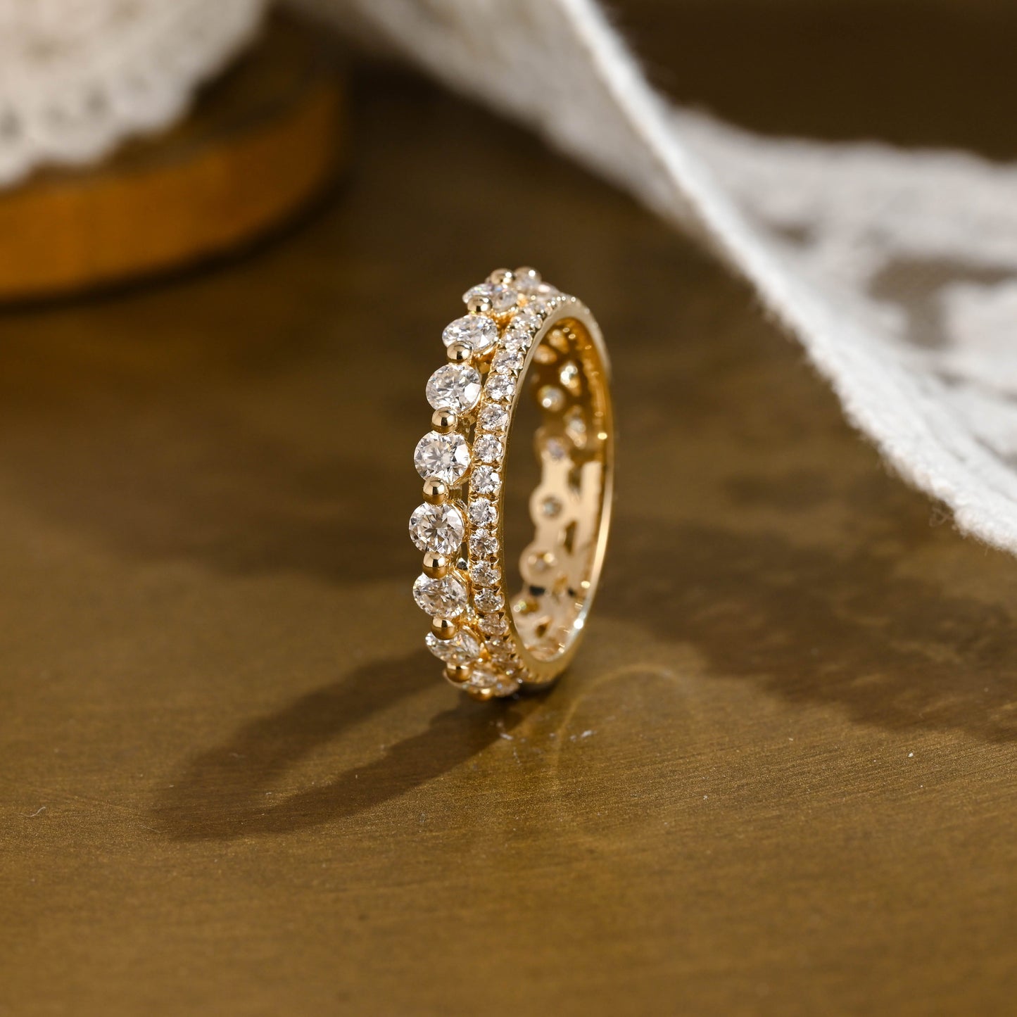 SquareJewelry women's wedding ring Solid Gold Double Row Round Moissanite Wedding Band