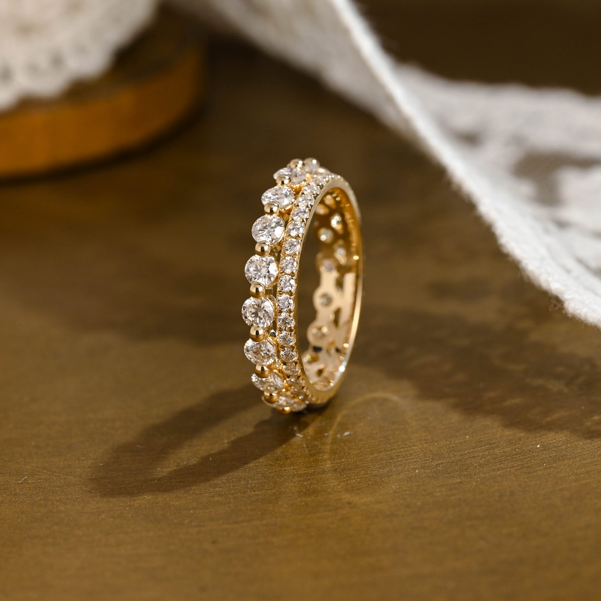 SquareJewelry women's wedding ring Solid Gold Double Row Round Moissanite Wedding Band